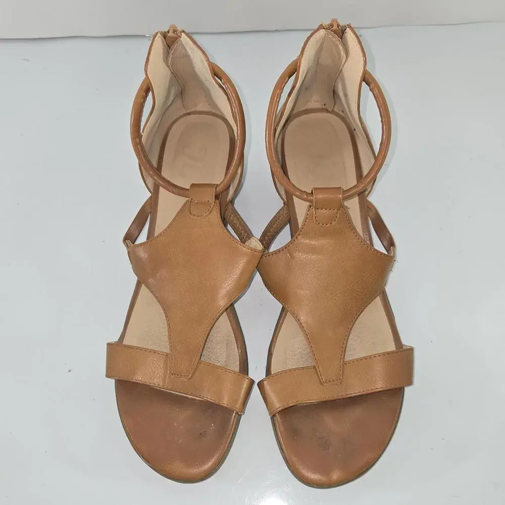 0253 Wedge Sandals Brown Peep Toes Faux Wedge Heels Size 8.5
